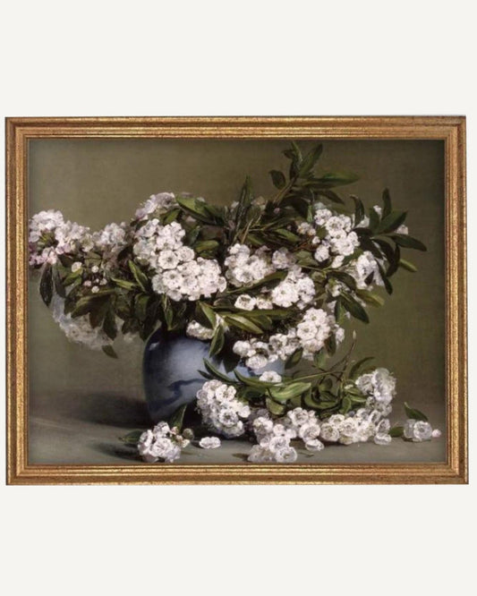 Vintage Framed Canvas White Flowers